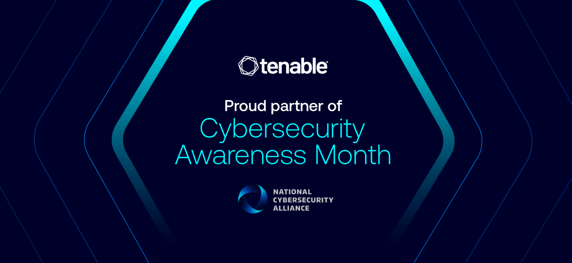 Blue background with Tenable logo and National Cybersecurity Alliance logo and the words "Proud partner of Cybersecurity Awareness Month"